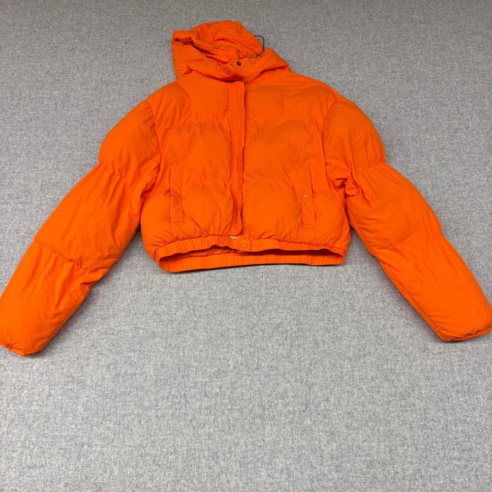 ANWND Puffer Jacket Large Orange Cropped Hooded Full Zip Snap Pocket Outerwear